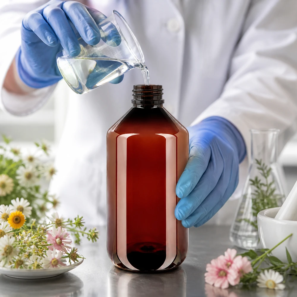 PET láhev 500ml s bílým rýhovaným uzávěrem s možností manipulace. 500 ml PET láhev jantarové barvy s bílým dětským bezpečnostním uzávěrem s rýhami, určená pro přírodní produkty