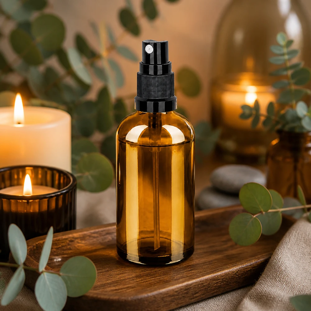 100ml láhev s rozprašovačem černá standardní uzávěr BrownLine UT18/100 Professionelle 100ml Glassprühflasche in Bernstein mit ergonomischem Sprühaufsatz