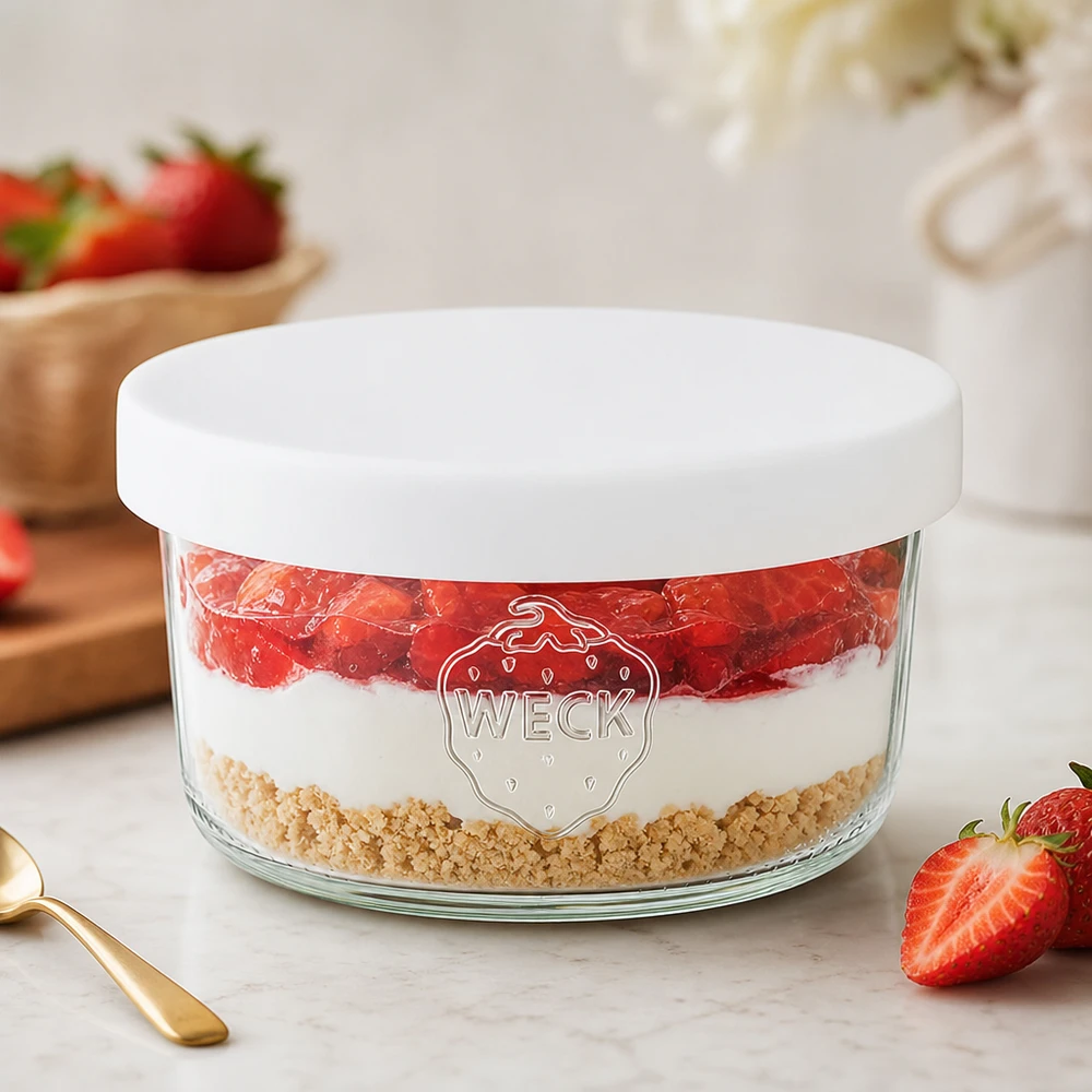 WECK Glas 165ml RR80 mit weißem Silikondeckel gefüllt als Erdbeer-Dessert im Schichtlook mit goldenen Löffel