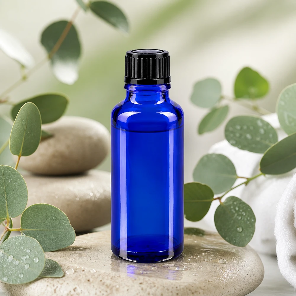 Apothekerflasche 30ml blau mit schwarzem Standardverschluss neben frischen Eukalyptusblättern