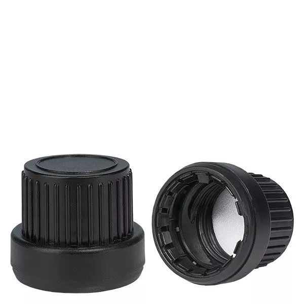 Šroubovací víčko horní s PE těsněním černé 18mm s uzávěrem proti neoprávněné manipulaci. Šroubovací víčko horní s PE těsněním černé 18mm s uzávěrem proti neoprávněné manipulaci.