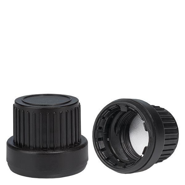 Šroubovací víčko horní s PE těsněním černé 18mm s uzávěrem proti neoprávněné manipulaci. Šroubovací víčko horní s PE těsněním černé 18mm s uzávěrem proti neoprávněné manipulaci.