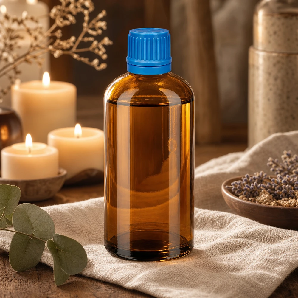 100ml lahvička 11mm šroubovací uzávěr modrý tamper evidentní uzávěr BrownLine UT18/100 Vielseitige braune Glasflasche 100ml mit praktischem 11mm Schraubgewinde und blauem Deckel
