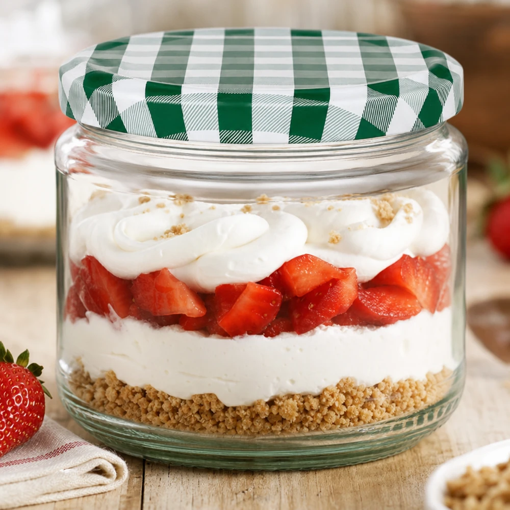 330ml kulatá sklenice + víčko BasicSeal zelené/bílé UNiTWIST 330ml Rundglas als Dessertglas mit Erdbeer-Sahne-Schichtdessert, grün-weißer BasicSeal Deckel, Parfait im Glas
