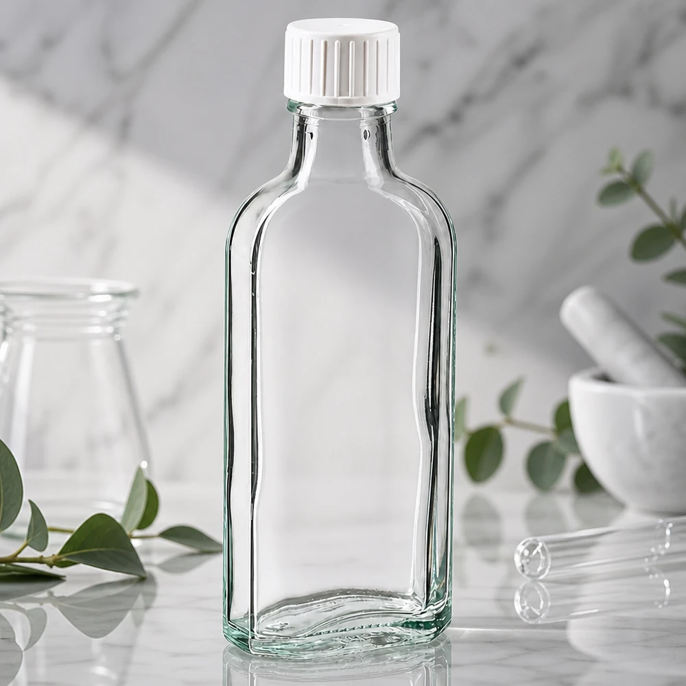 100 ml čirý šroubovací uzávěr Meplat s nalévacím kroužkem. Schmale 100ml Glasflasche Meplat-Form klar mit gerilltem Weißdeckel und Ausgießer