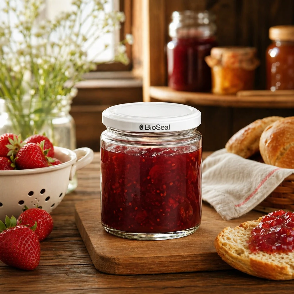 350g Honigglas + BioSeal Deckel weiß UNiTWIST 250ml Honigglas mit BioSeal Deckel gefüllt mit Erdbeermarmelade auf Holzbrett neben frischen Erdbeeren und Brot