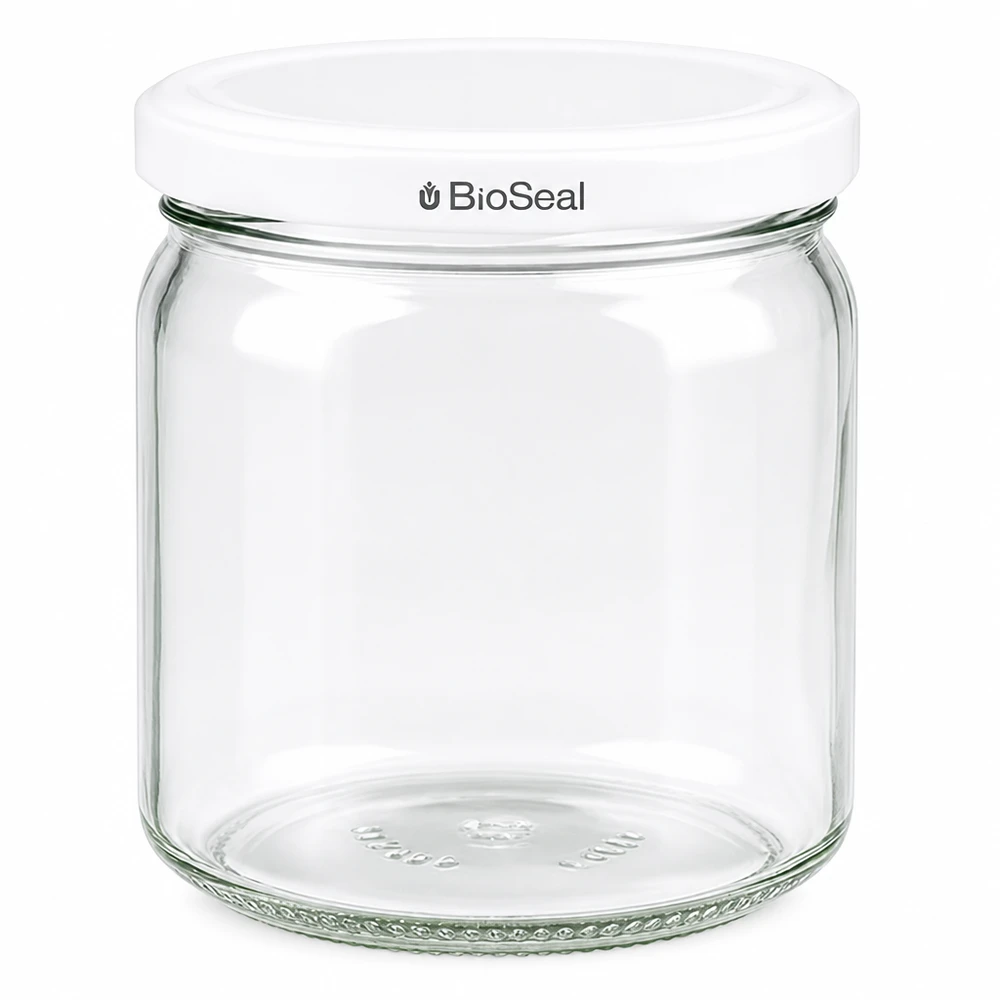 Kulatá sklenice o objemu 408 ml s bílým víčkem BioSeal UNiTWIST UNiTWIST Runda408 Einmachglas mit weißem TO82 BioSeal Deckel - rundes Vorratsglas aus Glas für Küche