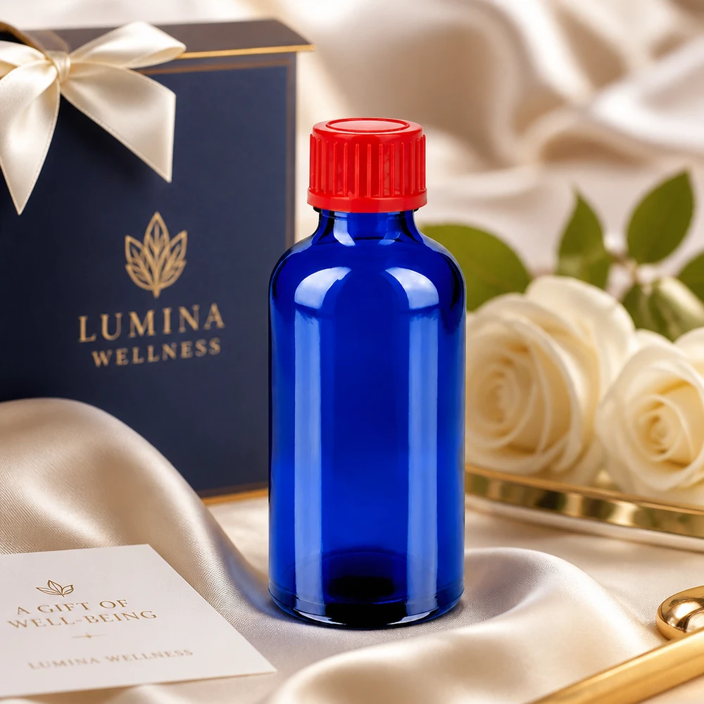 50ml láhev se šroubovacím uzávěrem 11 mm červená Standard BlueLine UT18/50 Medizinflasche 50ml aus UV-schützendem Kobaltglas mit rotem Sicherheitsverschluss 11mm SV