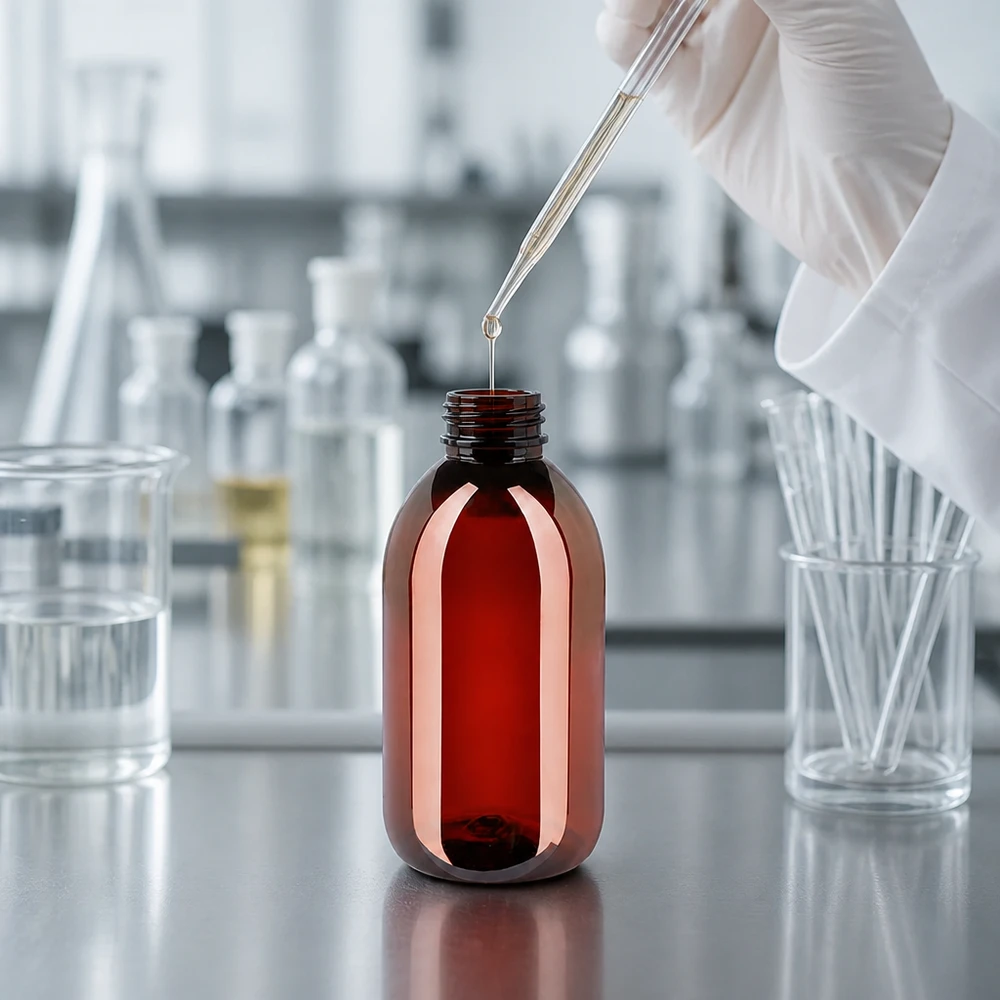 PET láhev 250ml s bílým rýhovaným uzávěrem s možností manipulace. Průhledná hnědá PET láhev o objemu 250 ml s bílým vnějším obalem v profesionálním laboratorním prostředí