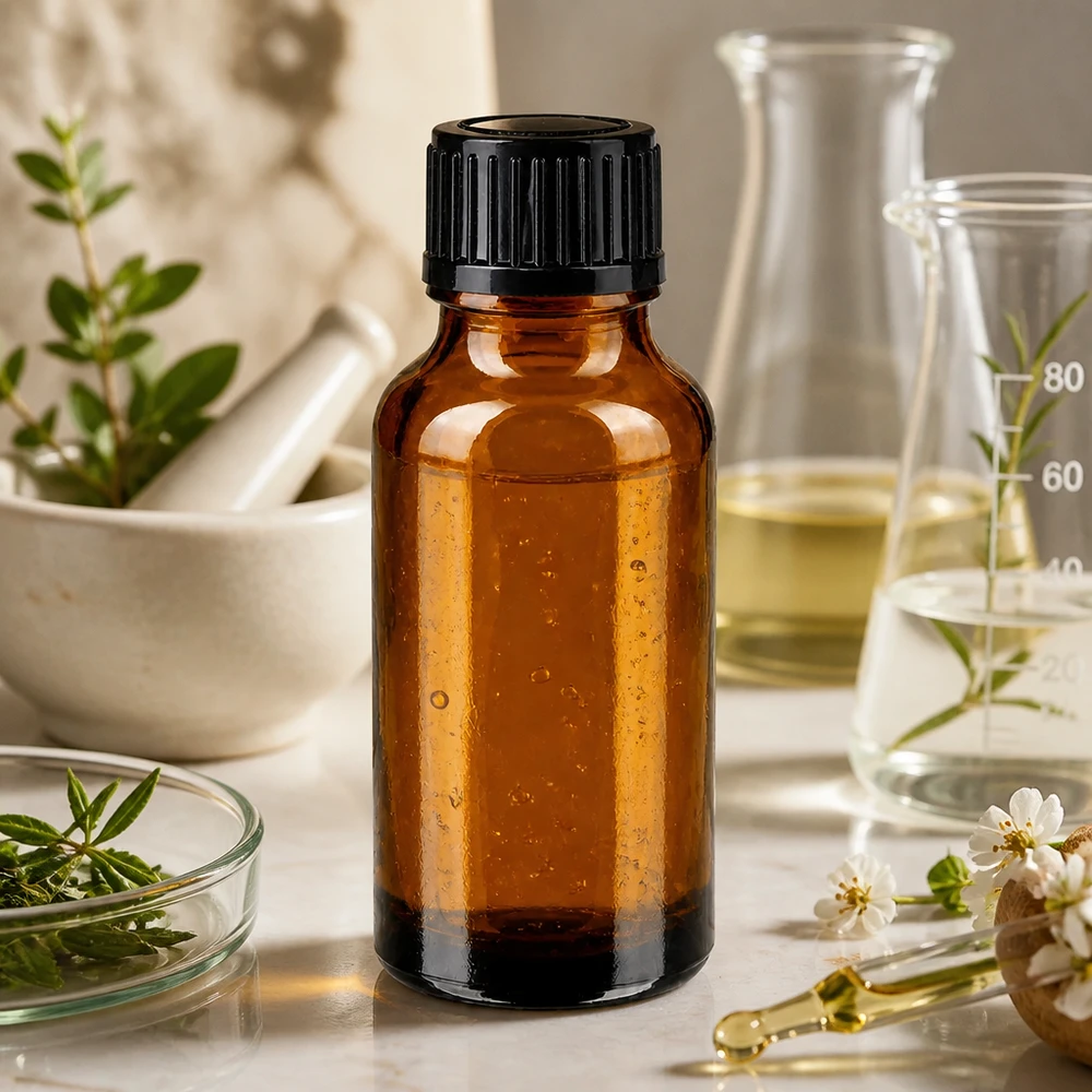 Lékárenská láhev hnědá 20ml šroubovací uzávěr černá standardní Bernsteinfarbene Apothekerflasche 20ml mit ätherischen Ölen und Naturkräutern