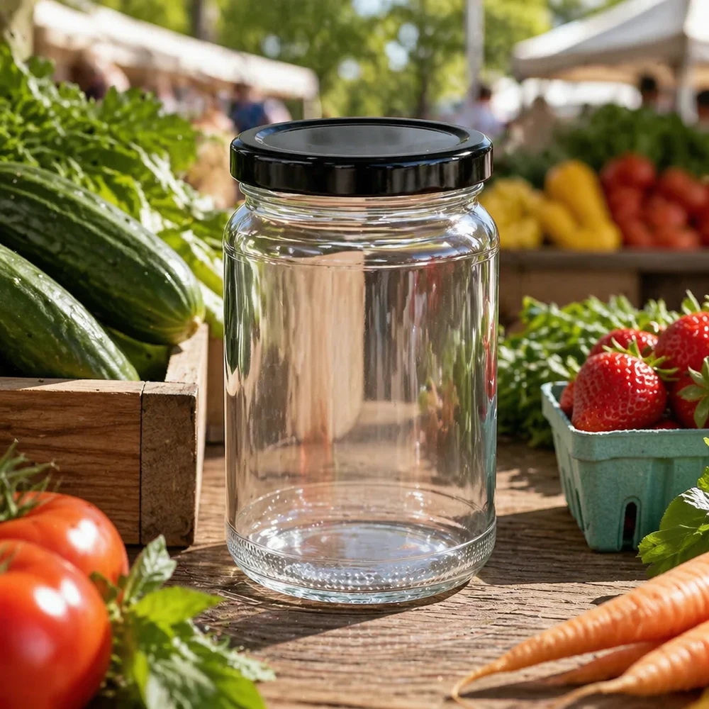UNiTWIST Rundglas 110ml mit schwarzem TO48 Deckel auf Marktstand zwischen frischem Gemüse und Obst