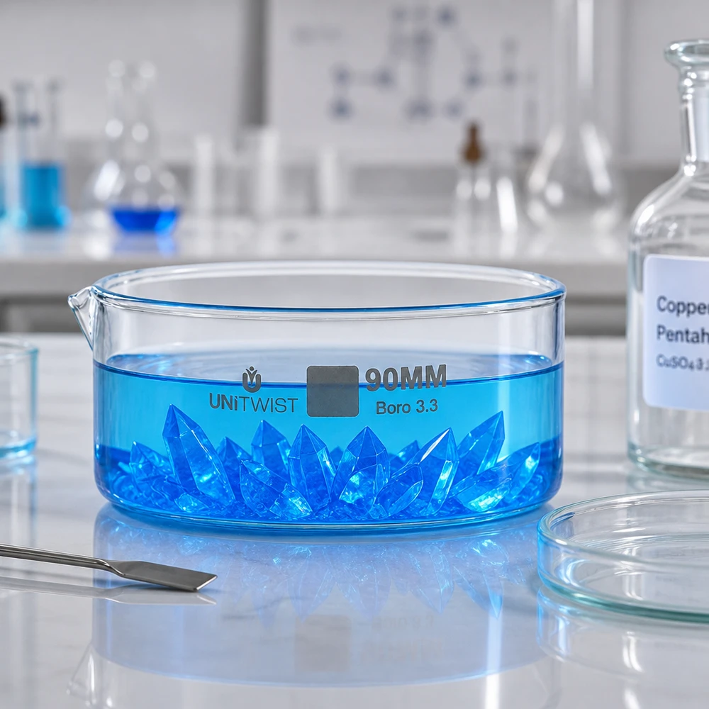 Krystalizační miska ø90 mm z borosilikátového skla UNiTWIST Kristallisierschale UNiTWIST mit CuSO4 Lösung blau Laboranwendung Borosilikatglas 90mm