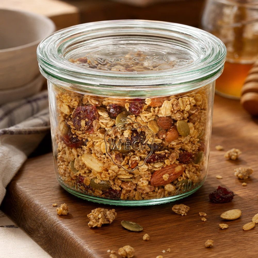 WECK Sturzglas 200ml RR80 gefüllt mit Müsli und Nüssen auf Holzbrett zeigt praktische Aufbewahrung von Lebensmitteln