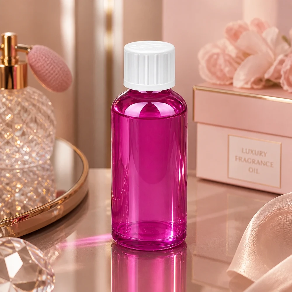 50ml láhev PurpleLine UT18/50 se šroubovacím uzávěrem 11mm bílá standardní odolná proti otevření dětmi. Moderne 50ml Portionsflasche in glänzendem Pink-Lila mit ergonomischem Verschluss