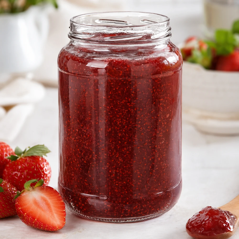 Kulatá nádoba o objemu 1700 ml bez víčka (TO100) UNiTWIST UNiTWIST Runda1700 Sturzglas 1700ml TO100 mit selbstgemachter Erdbeermarmelade frische Erdbeeren Frühstückstisch weiß