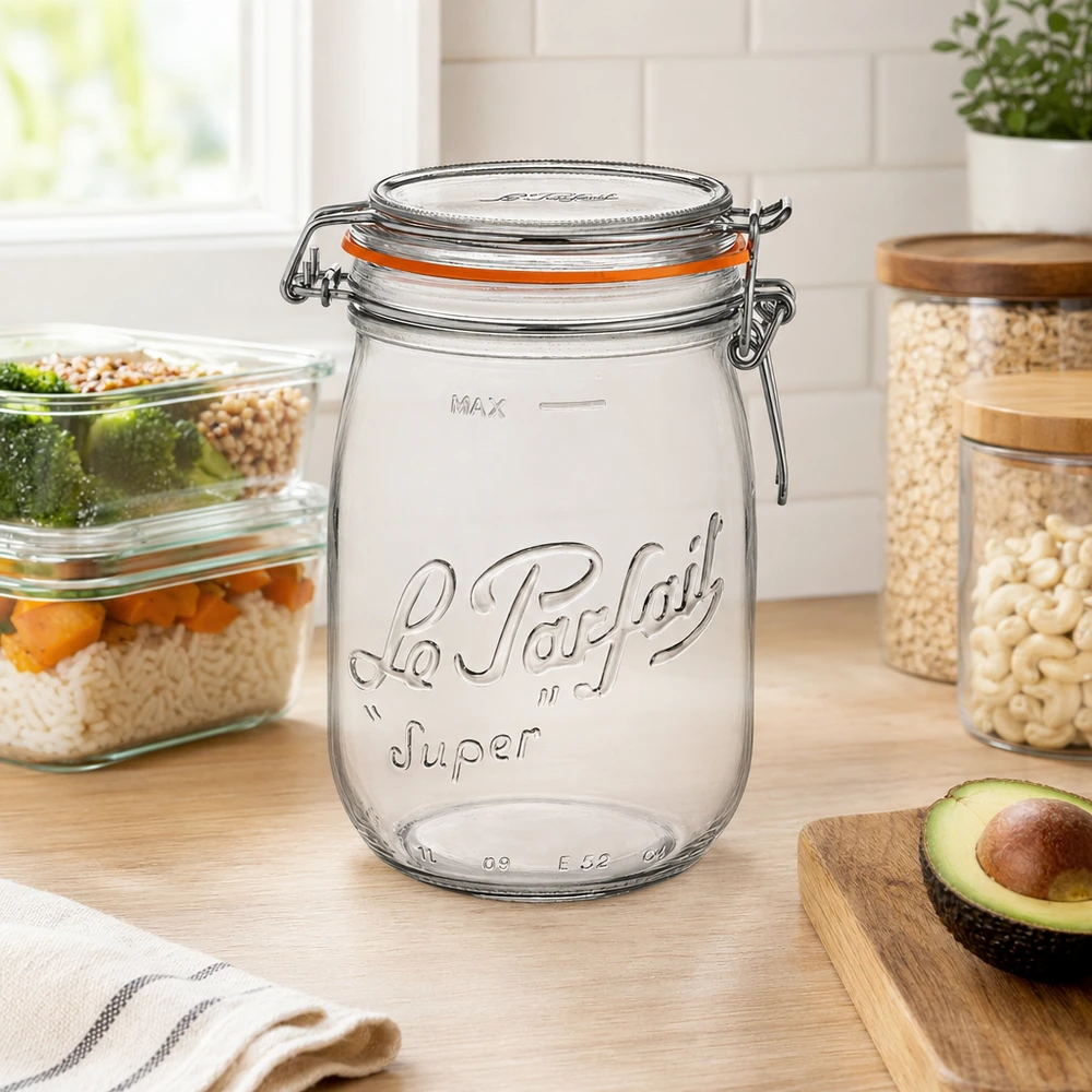 1000ml Vorratsglas "Super" mit Bügelverschluss Le Parfait® 1000ml Le Parfait Super Vorratsglas mit Bügelverschluss in moderner Küche neben Avocado und anderen Vorratsbehältern