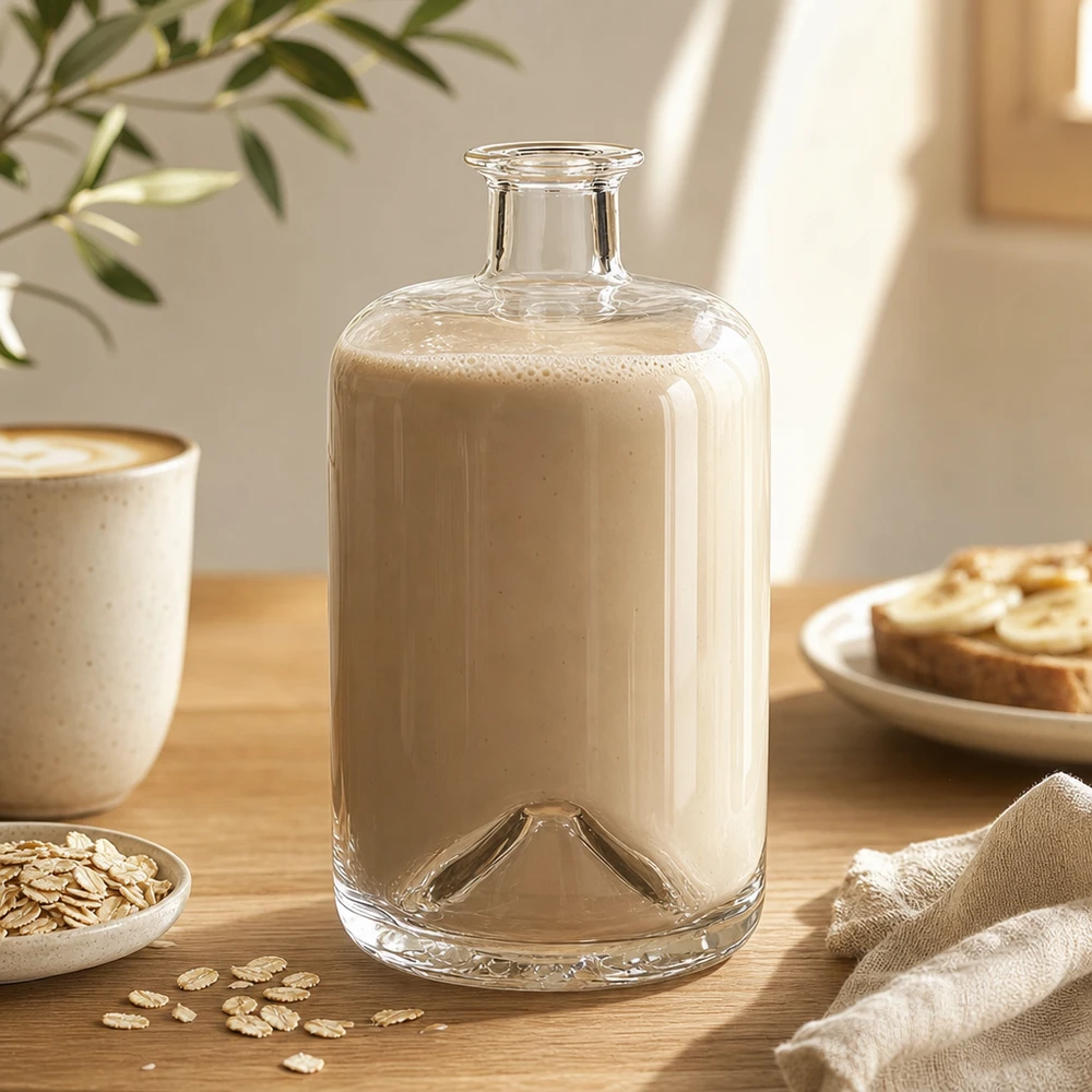 700ml Glasflasche Sofia mit Hafermilch befüllt auf Holztisch neben Haferflocken und Kaffeetasse Lifestyle-Aufnahme