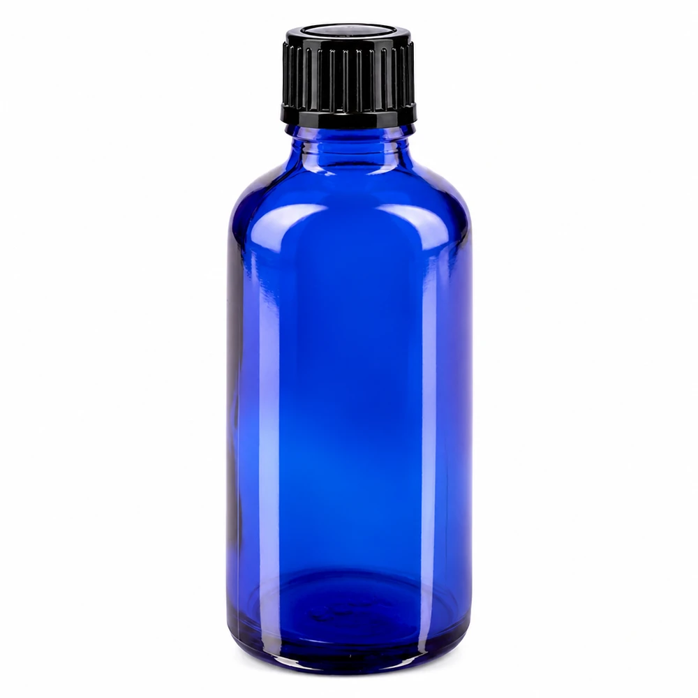Lékárenská láhev modrá 50ml kapátko 1mm černé standardní Runde blaue Flasche aus Apothekenglas 50ml mit schwarzem gerilltem Schraubdeckel