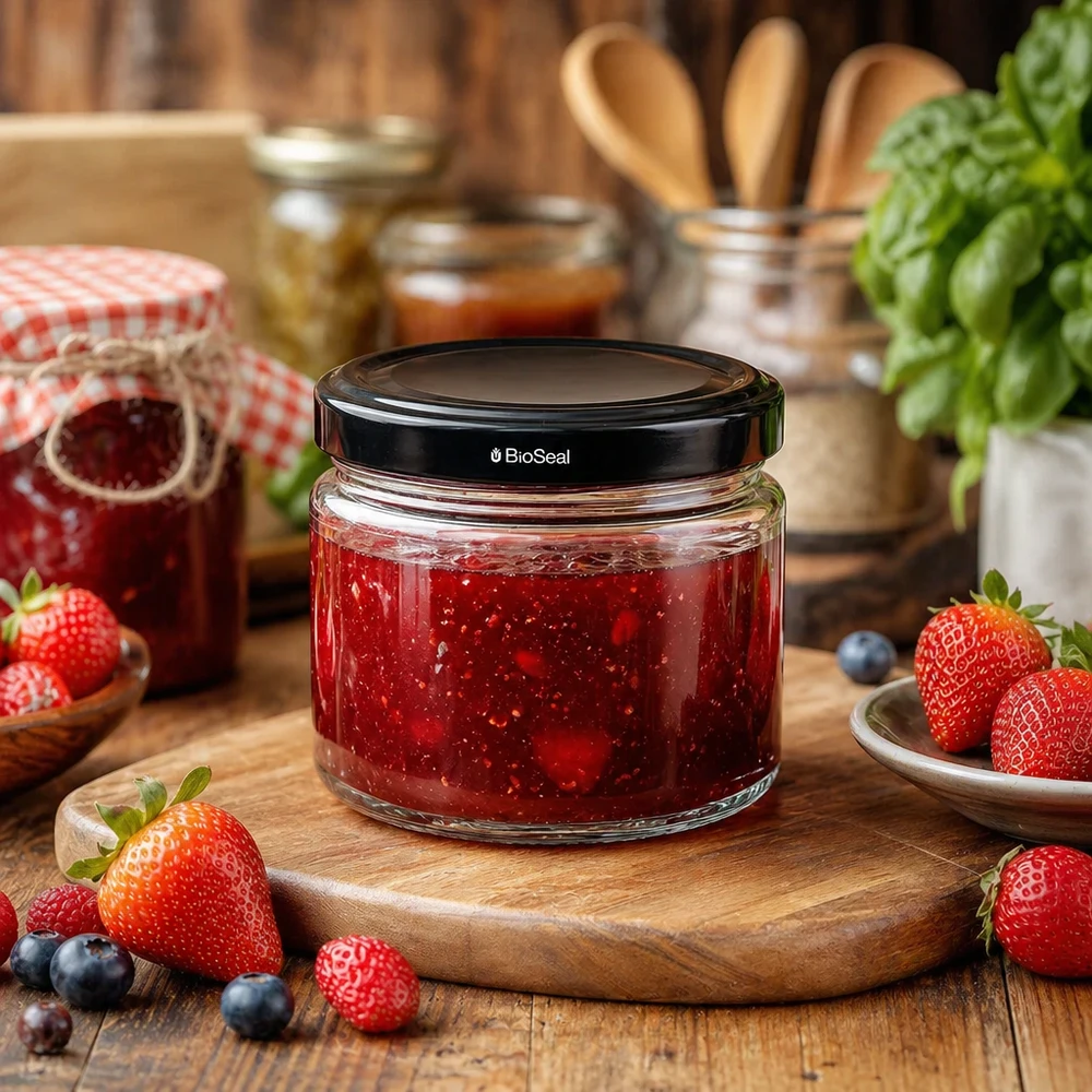 Kulatá sklenice 330 ml + víčko BioSeal černé UNiTWIST UniTWIST Runda330 mit schwarzem TO82 BioSeal Deckel gefüllt mit Erdbeermarmelade auf Holzbrett neben frischen Beeren