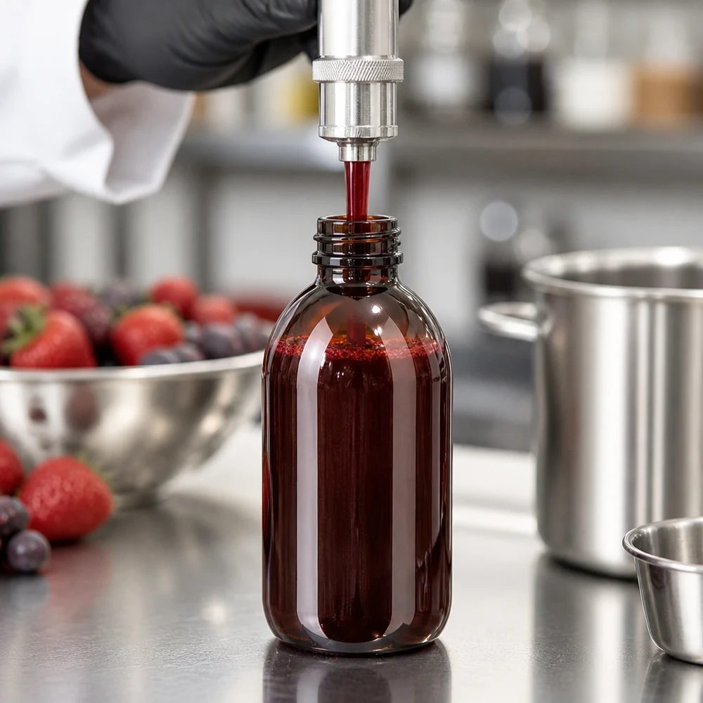 Plnění hnědé PET láhve o objemu 250 ml červeným ovocným džusem v profesionální kuchyni