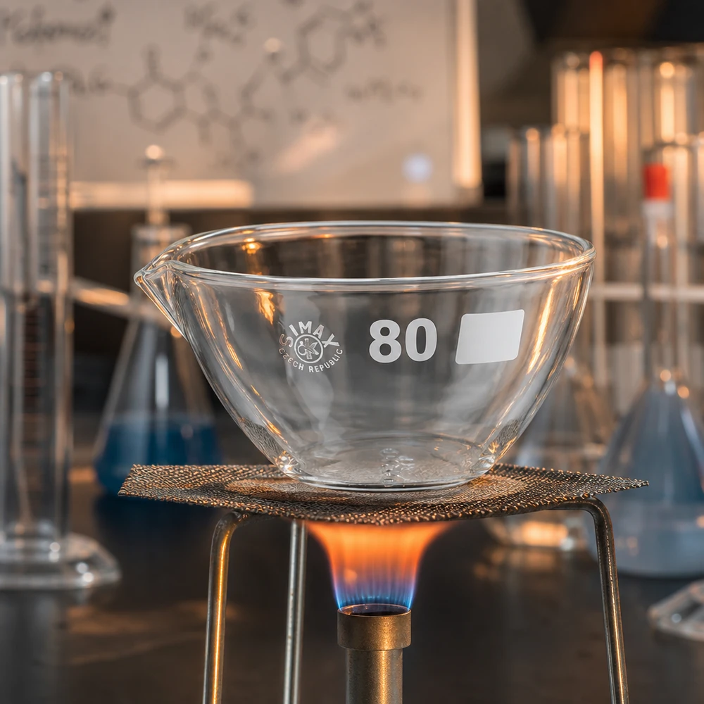 Odpařovací miska 90ml s výlevkou borosilikátová ø80mm Robuste Borosilikat-Schale 90ml mit Ausgießer für analytische Laborverfahren