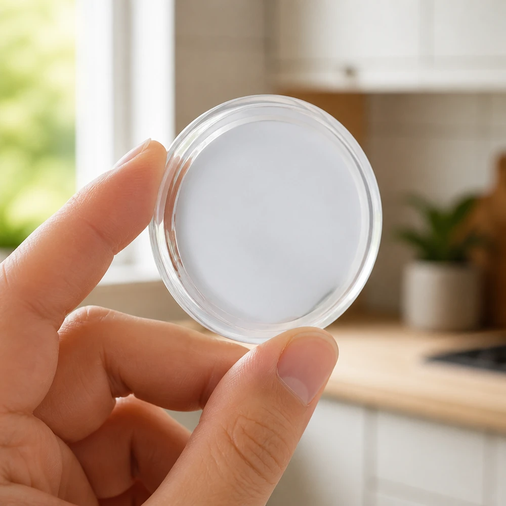 70mm víčko BasicSeal bílé (TO70) UNiTWIST Průhledné odšroubovací víčko o průměru 70 mm s bílým těsněním, které drží žena v ruce