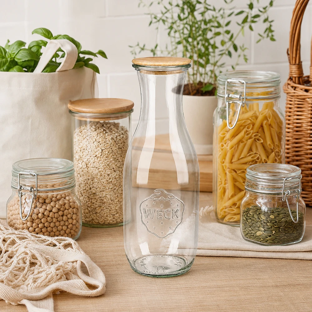 WECK Saftflasche 1062ml mit Holzdeckel in Zero-Waste-Küche neben Vorratsgläsern mit Pasta und Hülsenfrüchten