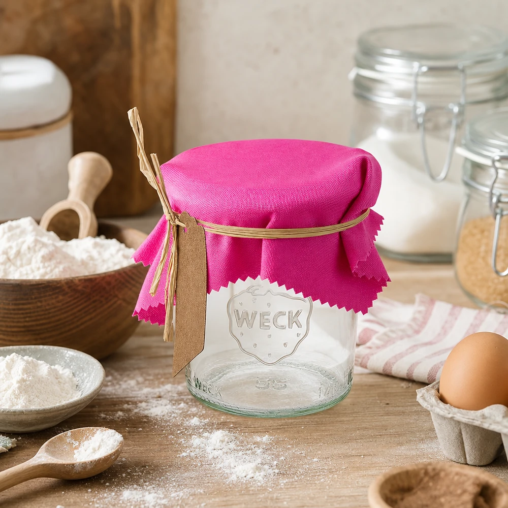 Pinkes Stoff Schmuckdeckchen 12cm eckig auf Weck Glas Küchen Styling mit Mehl Eiern und Backzutaten Ambiente