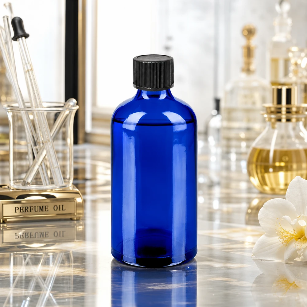 Kompakte 100ml Tropfflasche in Kobaltblau ideal für Reisen und mobile Aromatherapie Anwendungen