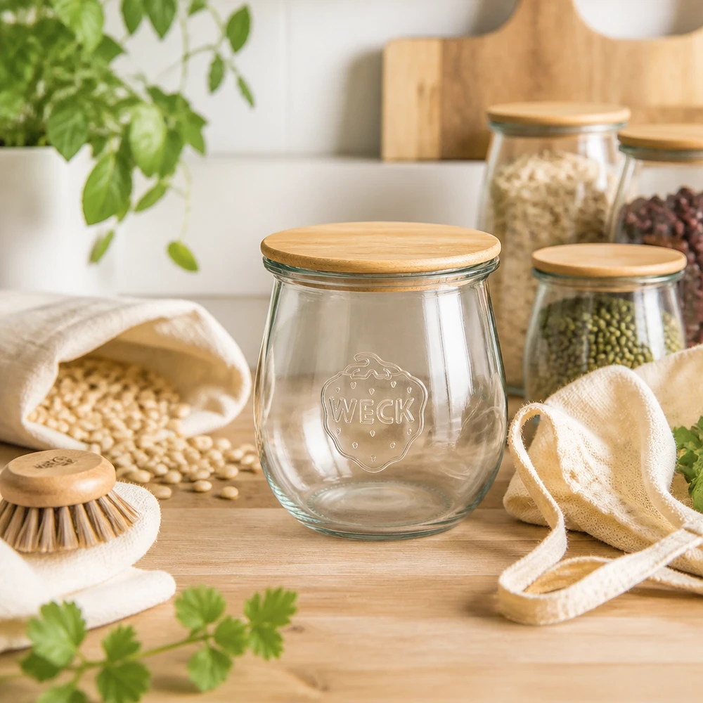220ml tulipánová sklenice WECK RR60 s dřevěným víčkem WECK Tulpenglas 220ml RR60 Holzdeckel in Zero-Waste Küche mit Hülsenfrüchten Getreide und nachhaltigen Utensilien