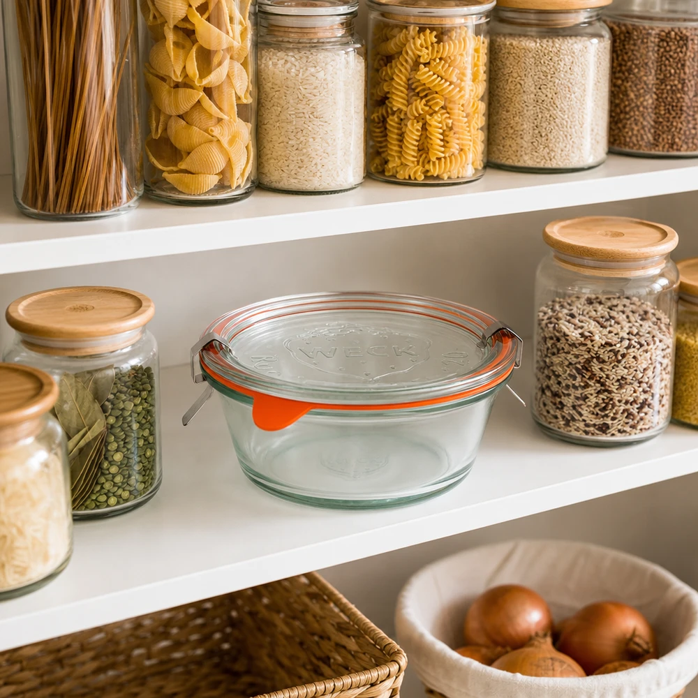 Kompletní zavařovací sklenice WECK RR120 o objemu 300 ml pro labužníky. WECK Gourmetglas 300ml RR120 zur Vorratshaltung in organisierter Speisekammer mit Pasta, Reis und Hülsenfrüchten