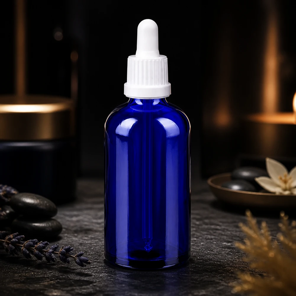 100ml pipetovací láhev bílá s uzávěrem BlueLine UT18/100 s ochranou proti manipulaci Laborflasche 100ml mit Tropfverschluss aus hochwertigem Borosilikatglas in Kobaltblau
