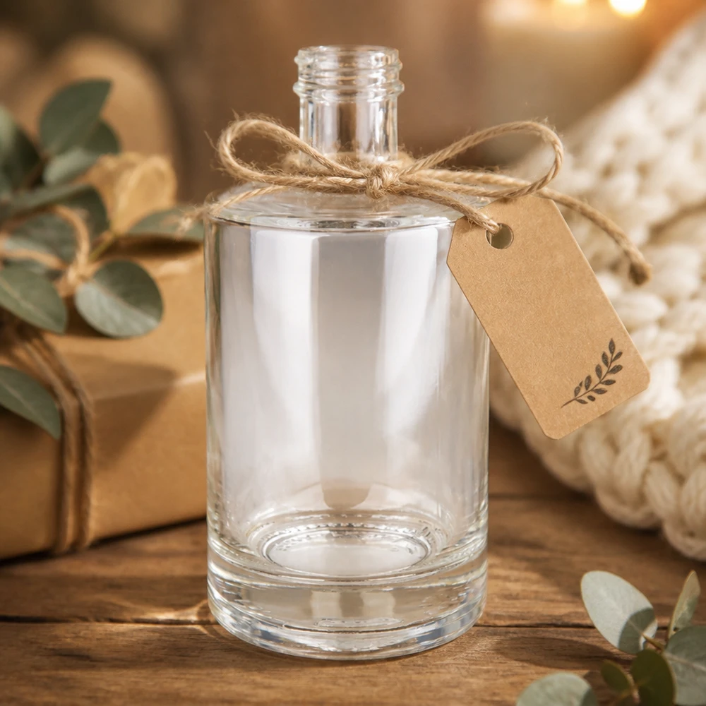 500ml Glasflasche Sam leer mit Kraftpapier-Anhänger Jute-Schleife rustikale Geschenkverpackung Holzuntergrund