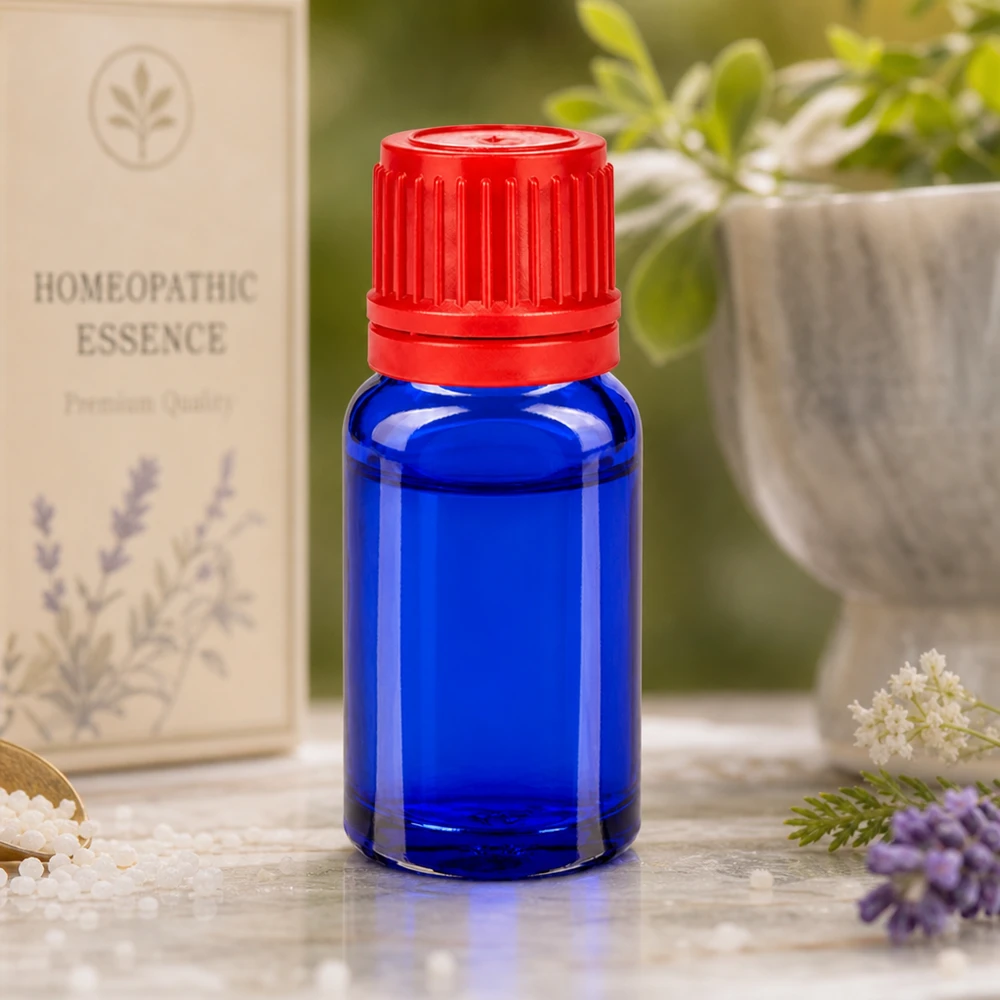 Handliche 10ml Glasflasche blau mit rotem Schraubdeckel für unterwegs und Reisen