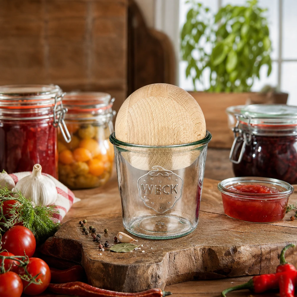 Tumbler WECK RR100 o objemu 580 ml s dřevěnou kuličkou buk. WECK Glas 580ml RR100 mit Buchenholzkugel in rustikaler Küche zwischen Einmachgläsern und frischen Zutaten