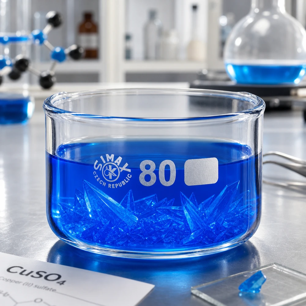 Krystalizační miska 150ml bez výlevky borosilikátová ø80mm Kristallisationsexperiment mit blauer Lösung in flacher Glasschale 80mm SIMAX Tschechien