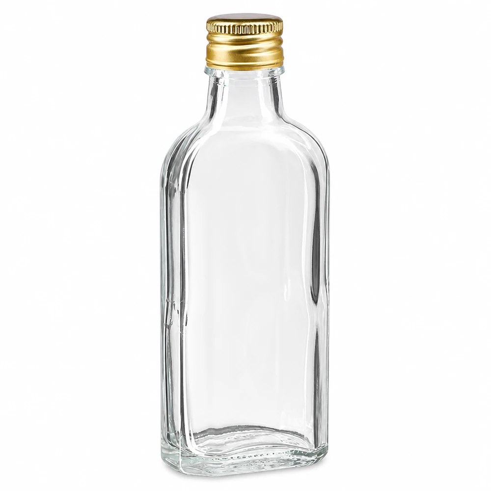 100 ml Meplat čirý s hliníkovým uzávěrem zlatý PP22 Transparente Flachmann Glasflasche 100ml mit goldfarbenem Schraubdeckel PP22 aus Aluminium
