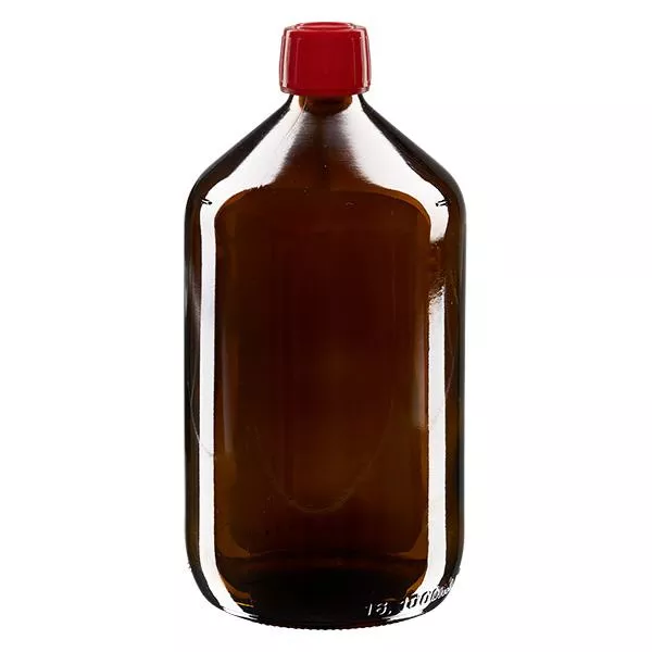 1000ml láhev na léky hnědá, uzávěr červený s tamper-evidentním kroužkem ApoGlas