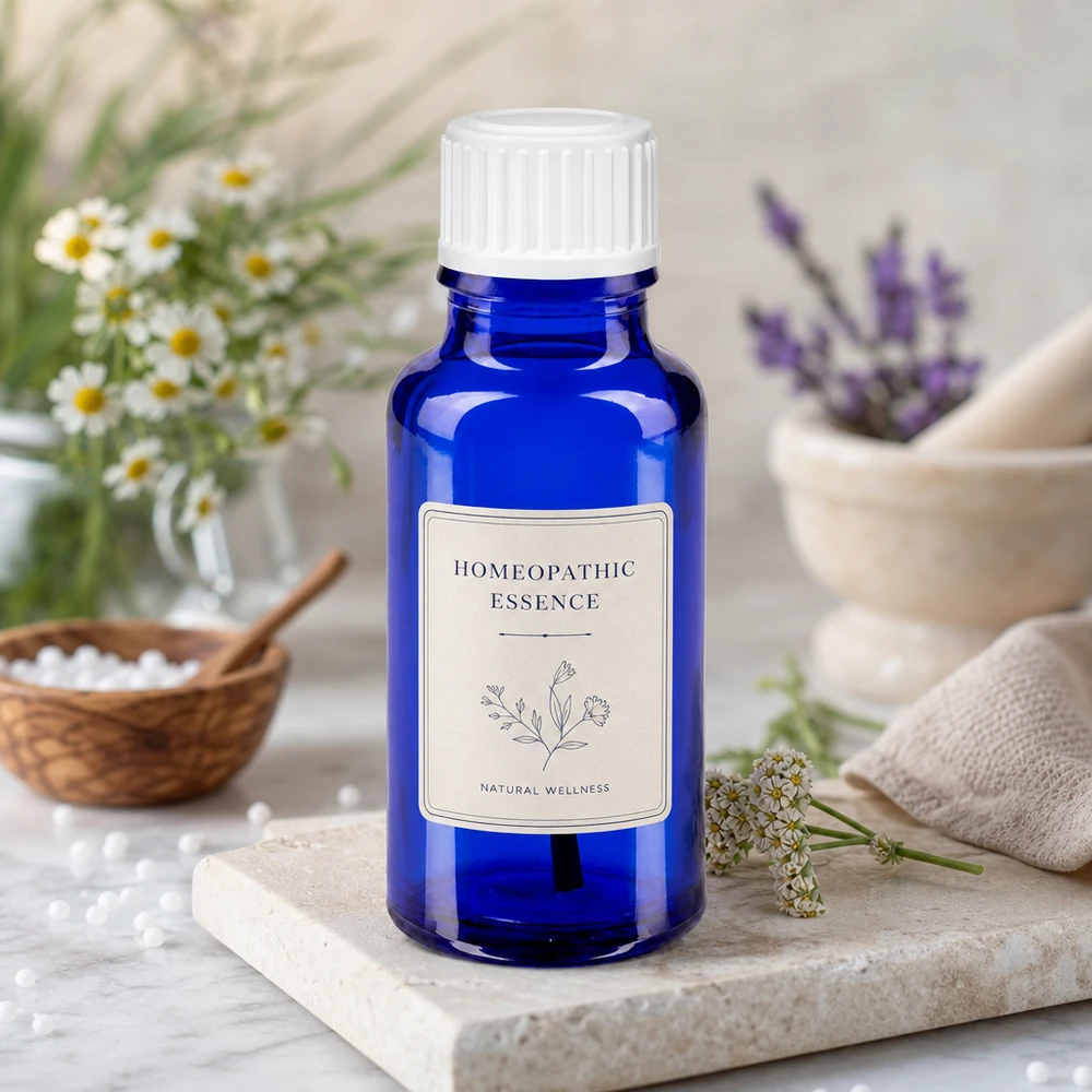 Lékárenská láhev modrá 20ml šroubovací uzávěr bílá štětka Kobaltblaue 20ml STD Pinselflasche Apothekerglas mit Homöopathieglobuli in Holzschale
