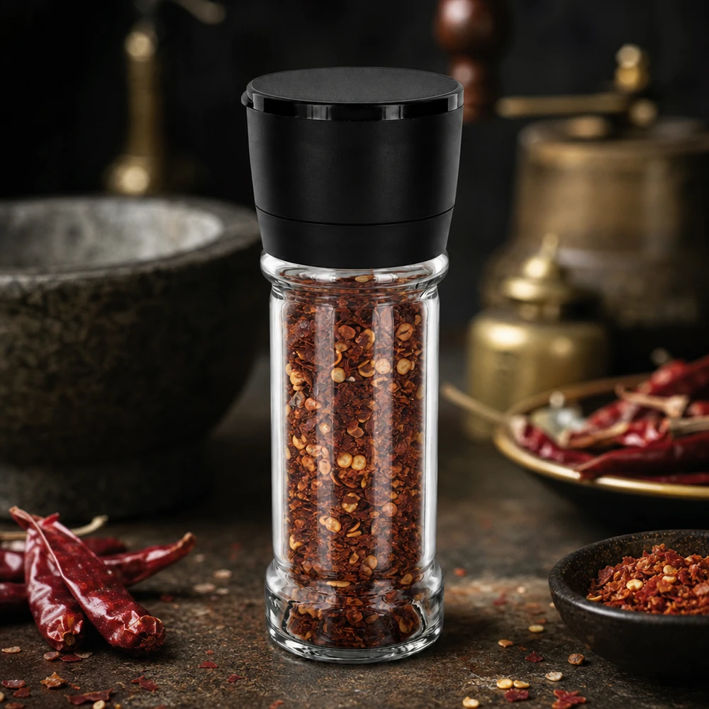 Kompakte Gewürzmühle 100ml mit schwarzer Mühle Vario und scharfen Chiliflocken befüllt