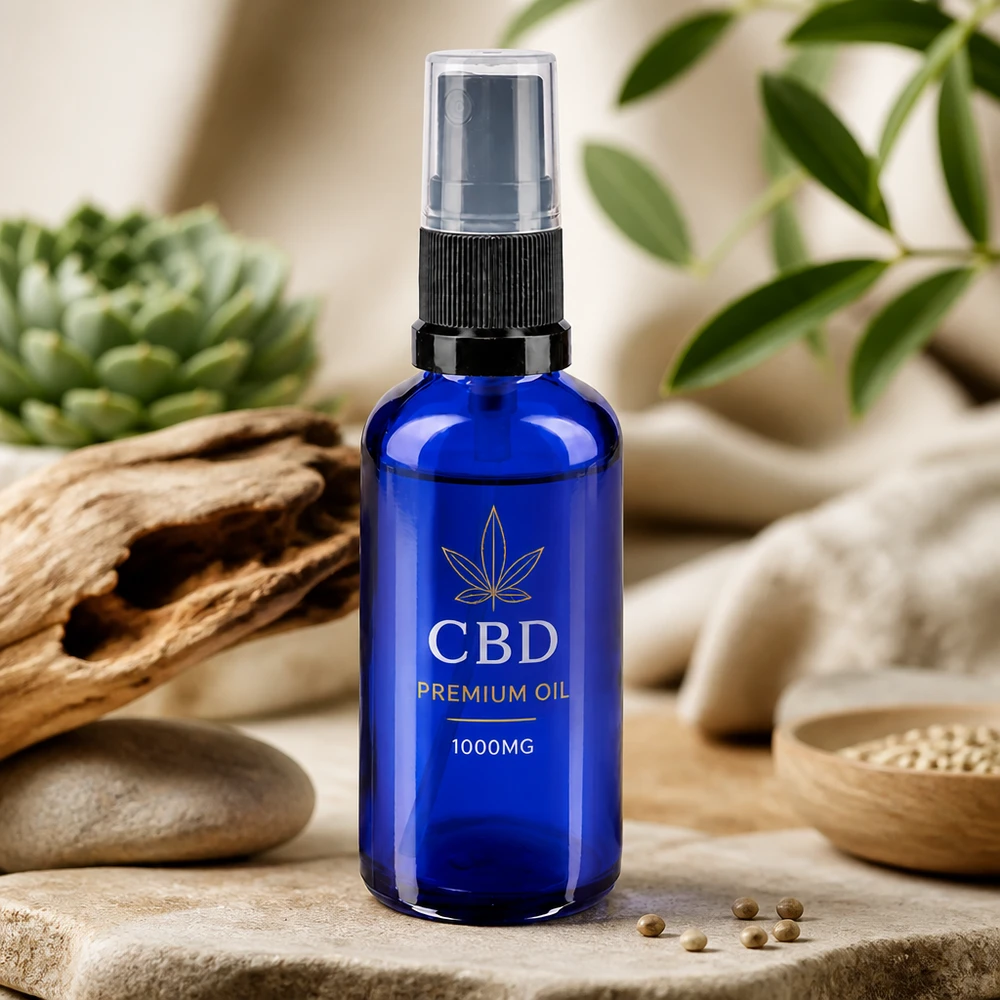 Lichtgeschützte Sprühflasche aus Apothekerglas 50ml Blau mit schwarzem Pumpkopf