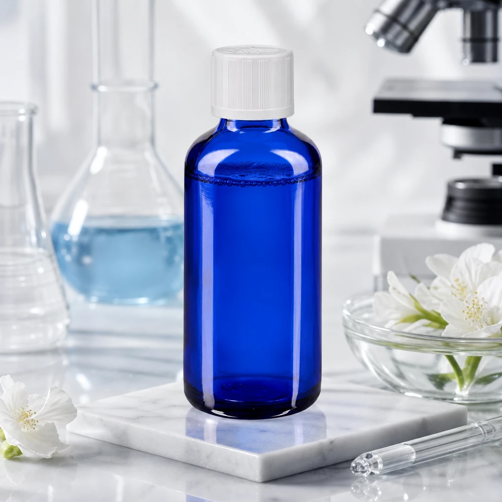 Kobaltblaue 50ml Glasflasche mit Tropfverschluss zwischen weißen Blüten auf Marmor