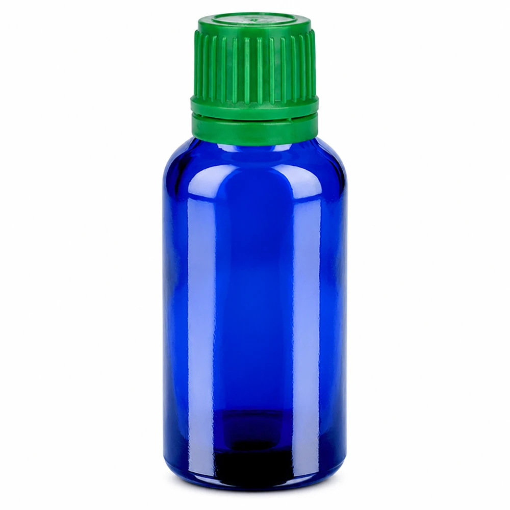 30ml láhev 11mm šroubovací uzávěr zelený uzávěr BlueLine UT18/30. Hochwertige 30ml BlueLine Glasflasche für Kosmetik mit grünem Tropfverschluss