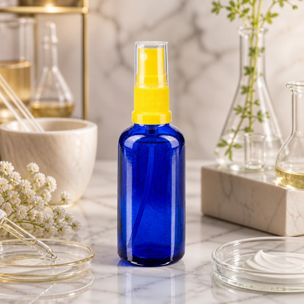 Lékárenská lahvička modrá 50ml s rozprašovacím víčkem žlutá Kompakte Blauglasflasche STD 50ml mit gelbem Sprühkopf für Kosmetik und Pharmazie