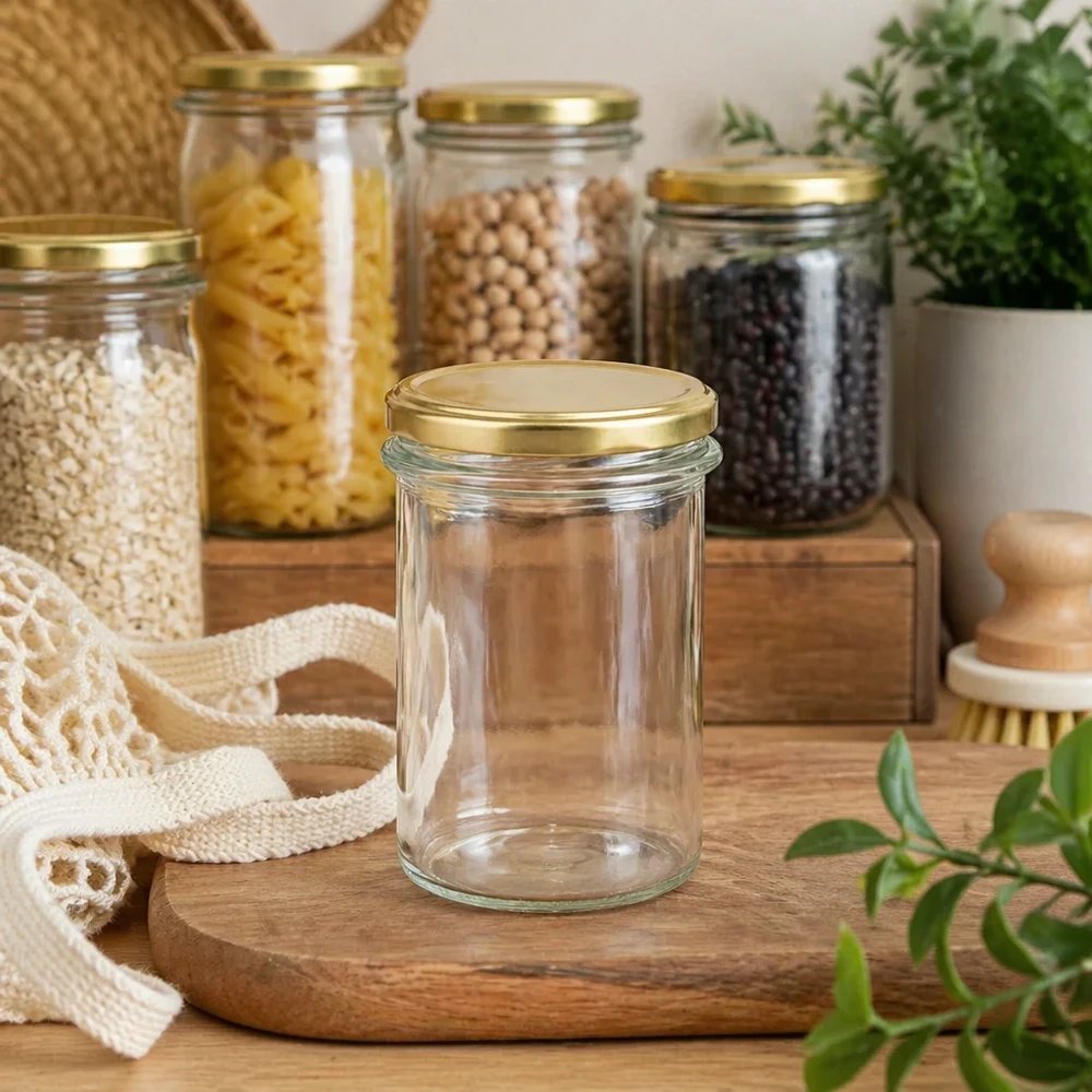 230ml tumblery s víčkem BasicSeal zlaté UNiTWIST. 230ml Sturzglas leer BasicSeal Deckel gold UNiTWIST in Zero Waste Küche mit Vorratsgläsern und Pflanzen
