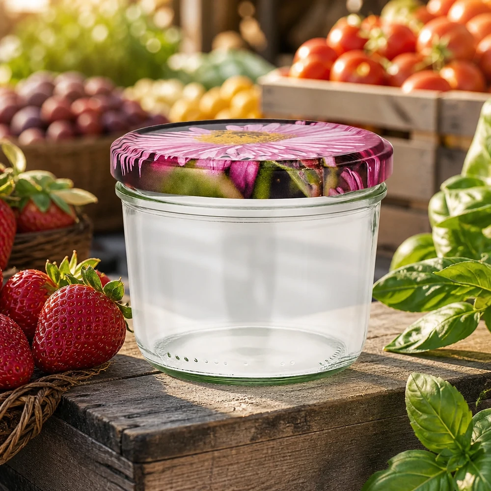 230ml kelímky + víčko BasicSeal v květinovém designu UNiTWIST Sturzglas 230ml mit Blütendeckel auf Holzbrett zwischen frischen Erdbeeren und Gemüse in Marktatmosphäre