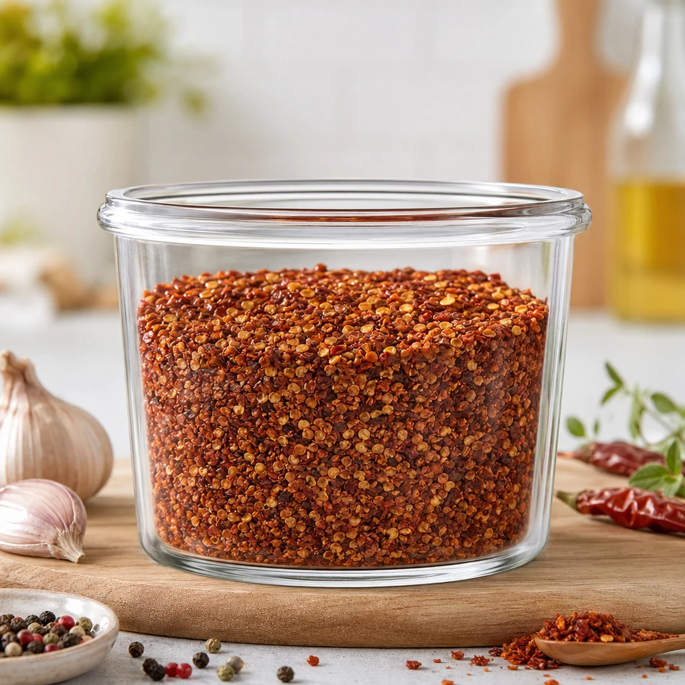35ml kelímky WECK RR40 WECK Sturzglas 35ml RR40 mit Chili-Gewürzmischung gefüllt in moderner Küche auf Holzbrett