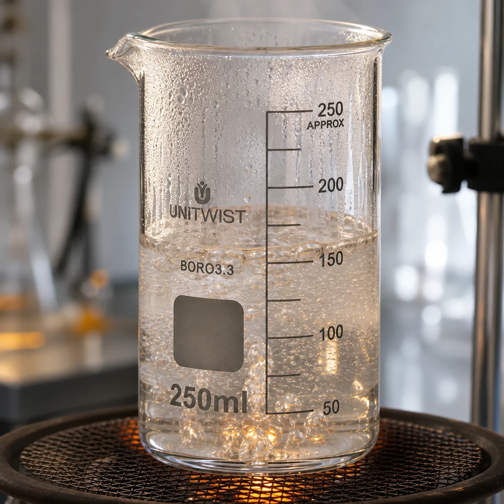 Kádinka 250ml borosilikátová, vysoká forma UNiTWIST Laborversuch mit UNITWIST Becherglas 250ml hohe Form siedende Flüssigkeit bei 150ml