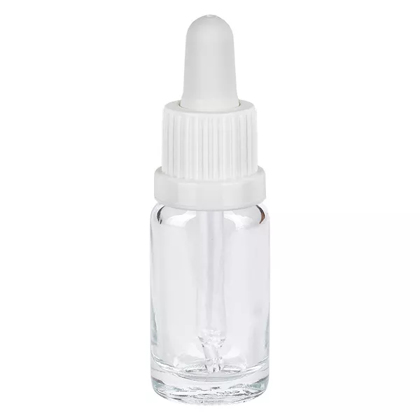 10ml pipetovací lahvička bílá s uzávěrem ClearLine UT18/10, který je zajištěn proti manipulaci. Klarglas Pipettenflasche 10ml weiß für Pharmazie Kosmetik und Aromatherapie