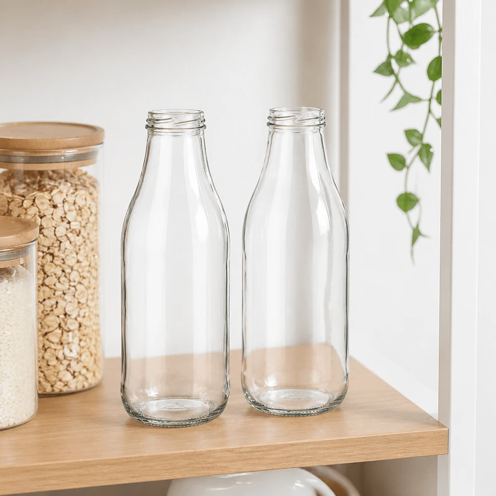 Skleněná láhev o objemu 1000 ml bez víčka (TO48) UNiTWIST 1000ml Glasflaschen TO48 UNiTWIST zwei leere Milchflaschen auf Holzregal in moderner Küche mit Vorratsgläsern